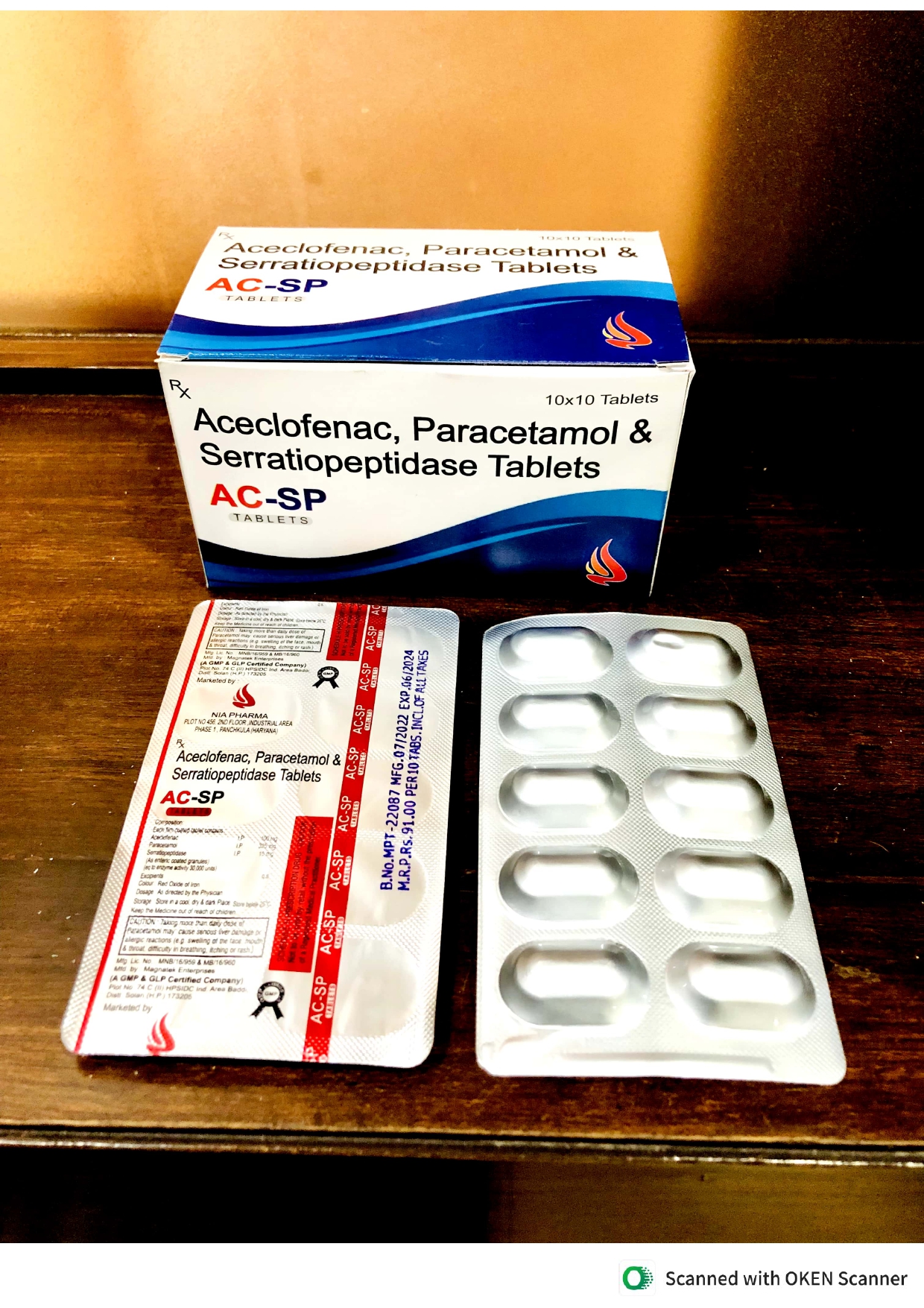 Aceclofenac 100 mg +Paracetamol 325 mg + Serratiopeptidase 15 mg (NK-SP/AC-SP)